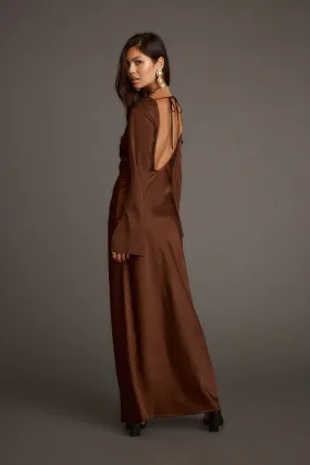 Bright Colors Strokes Mocha Long Sleeve Plunge Satin Maxi Dress