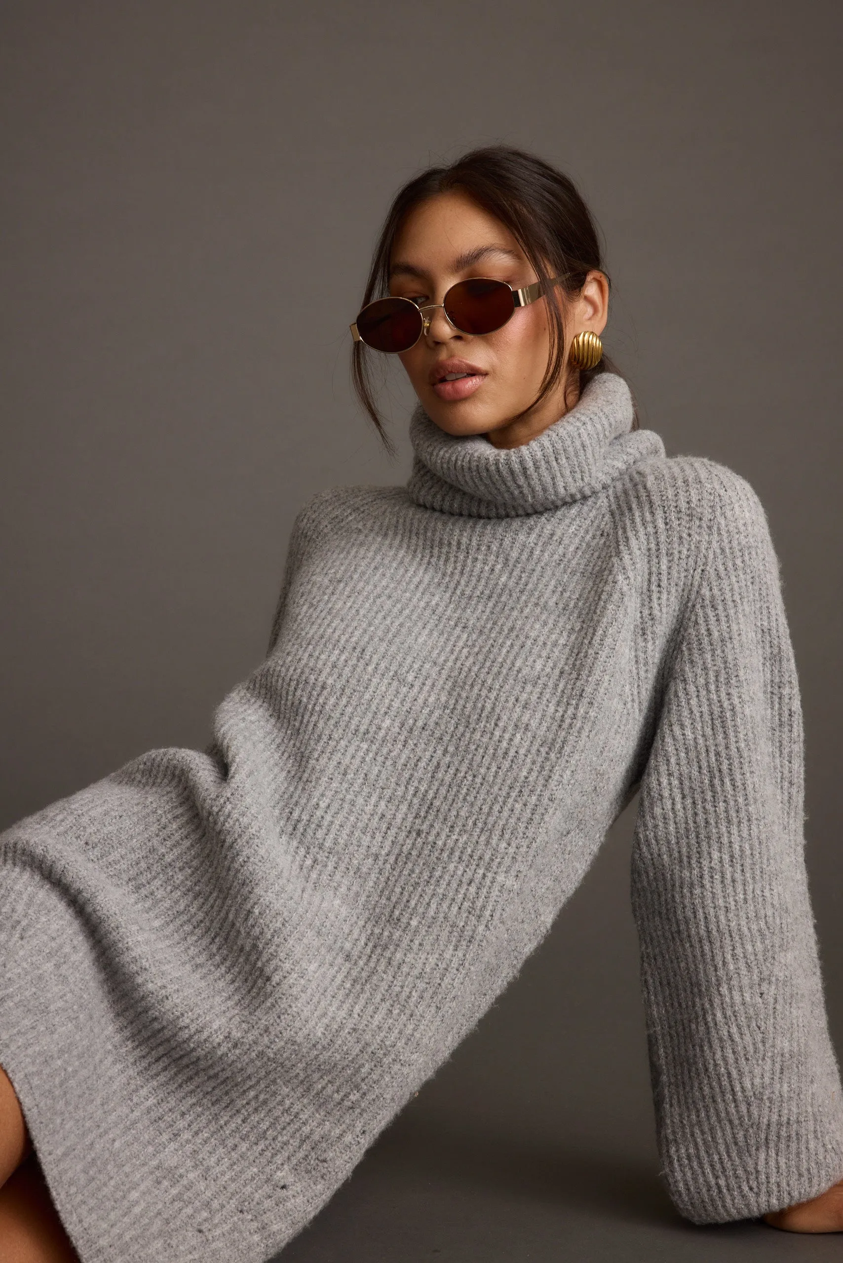 Beau Heather Grey Turtleneck Sweater Mini Dress effortless grace