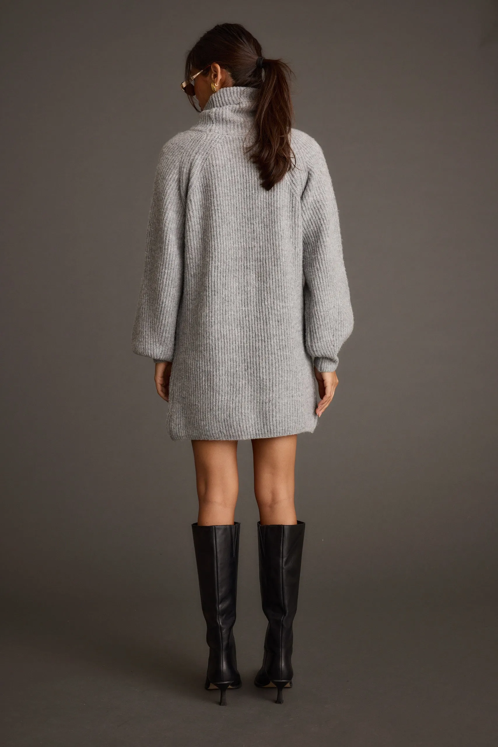 Button Accent Beau Heather Grey Turtleneck Sweater Mini Dress