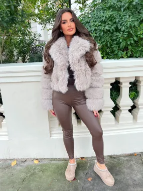 Beige Premium Faux Fur Collared Jacket Compact Packable Feature