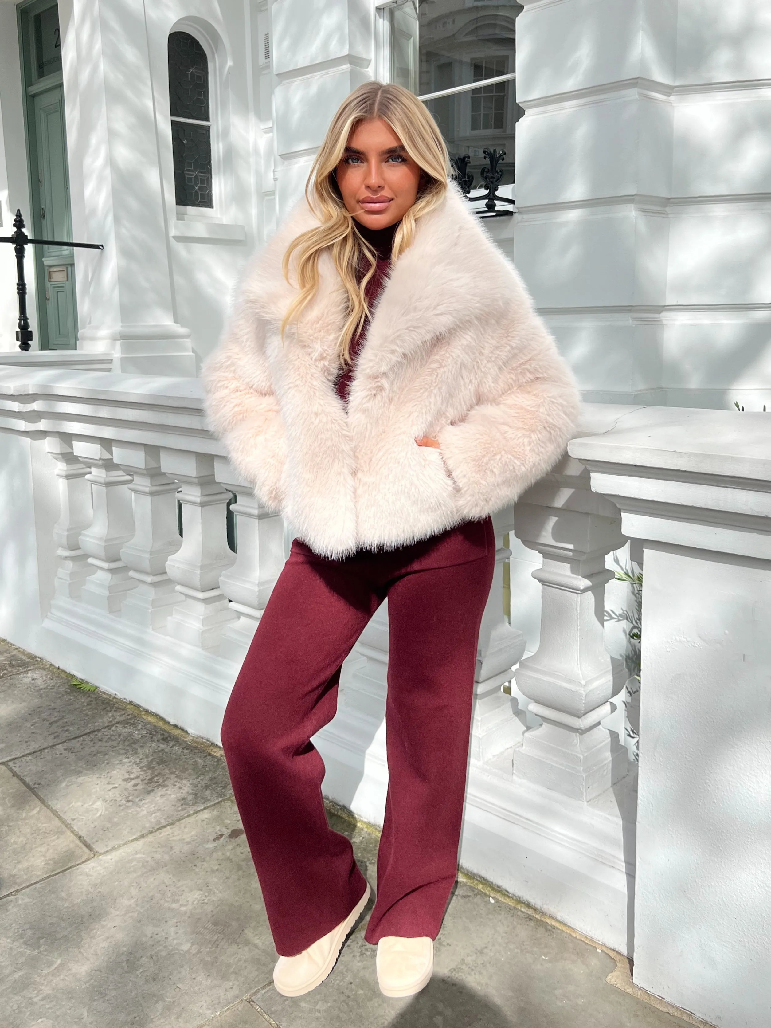 Beige Premium Faux Fur Collared Jacket Smooth Finish