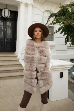 Beige Premium Faux Fur Longline Gilet Urban Wear AdjustableDrawstring