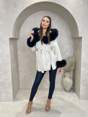 Beige/Navy Cashmere Coat With Fox Fur Trim Stylish Layer