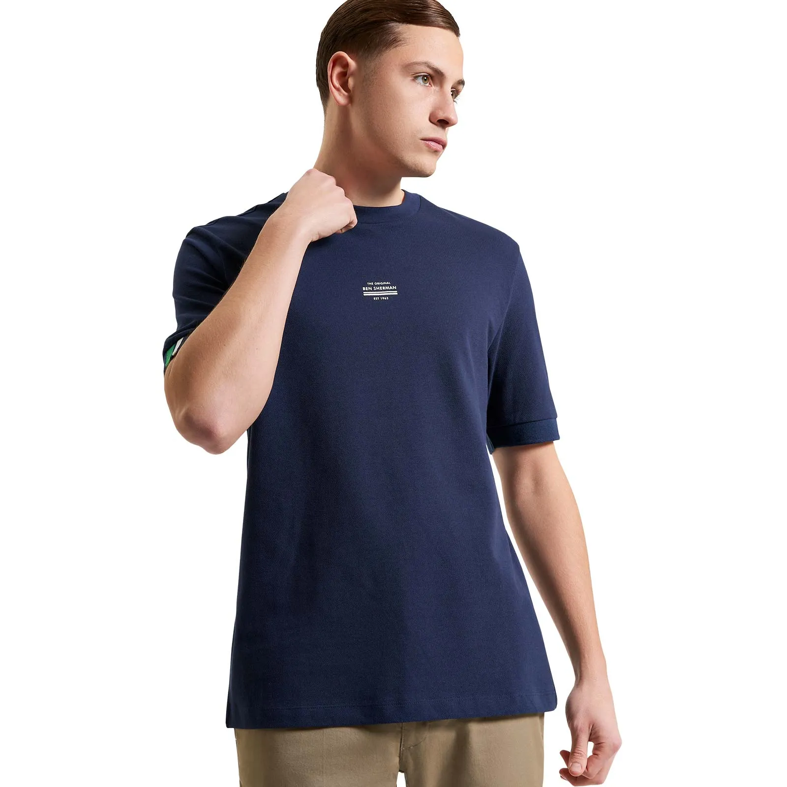 Ben Sherman Mens Tipped Pique Tee Short Sleeve T-Shirt V-neck Blouse Durable Reinforced Elbow Patches