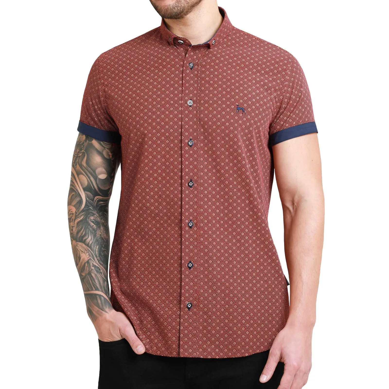 Bewley Ritch Mens Bushell Big Tall Geo Print Shirt - Burgundy Eye-Catching Pattern Double Stitched Seams
