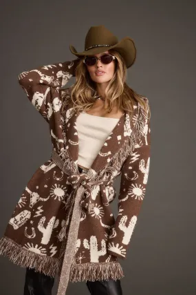 Low Maintenance Fabric Big Sky Western Printed Fringe Cardigan