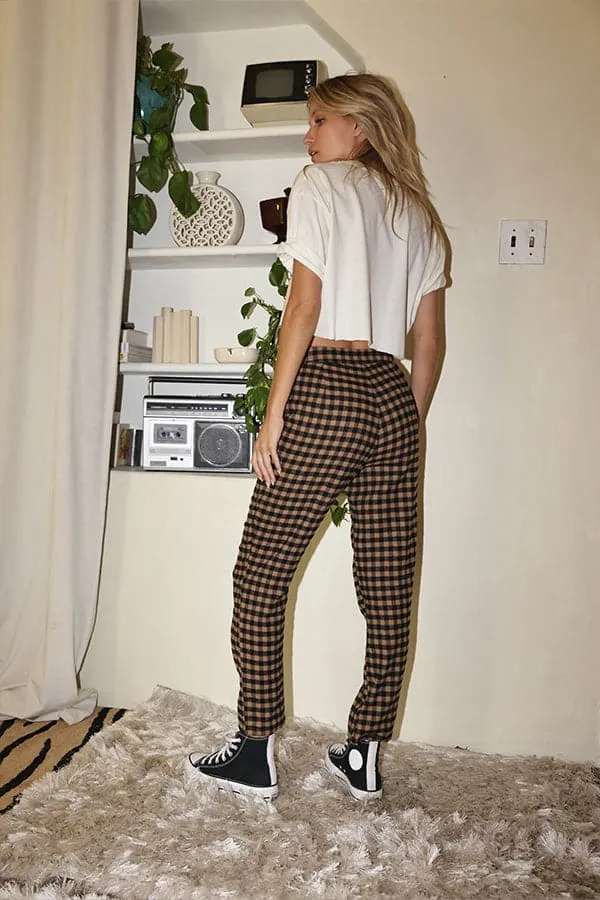 Bi Stretch Fabric Bishop Tan Checkered Cropped Trousers