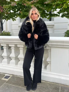 Black Premium Faux Fur Collared Jacket Down Stuffed Single Breasted