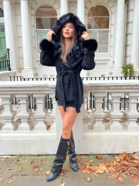 Snag Free Surface Abrasion Proof Edging Black/Black Cashmere Coat With Faux Fur Trim