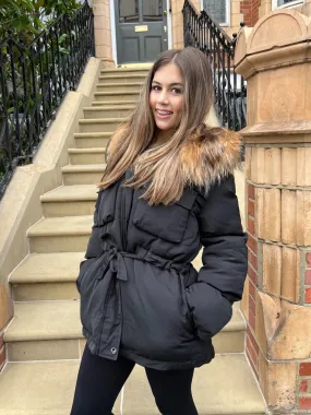 Insulated Layer Black/Natural Fur Drawstring Luxury Fur Padded Belted Coat