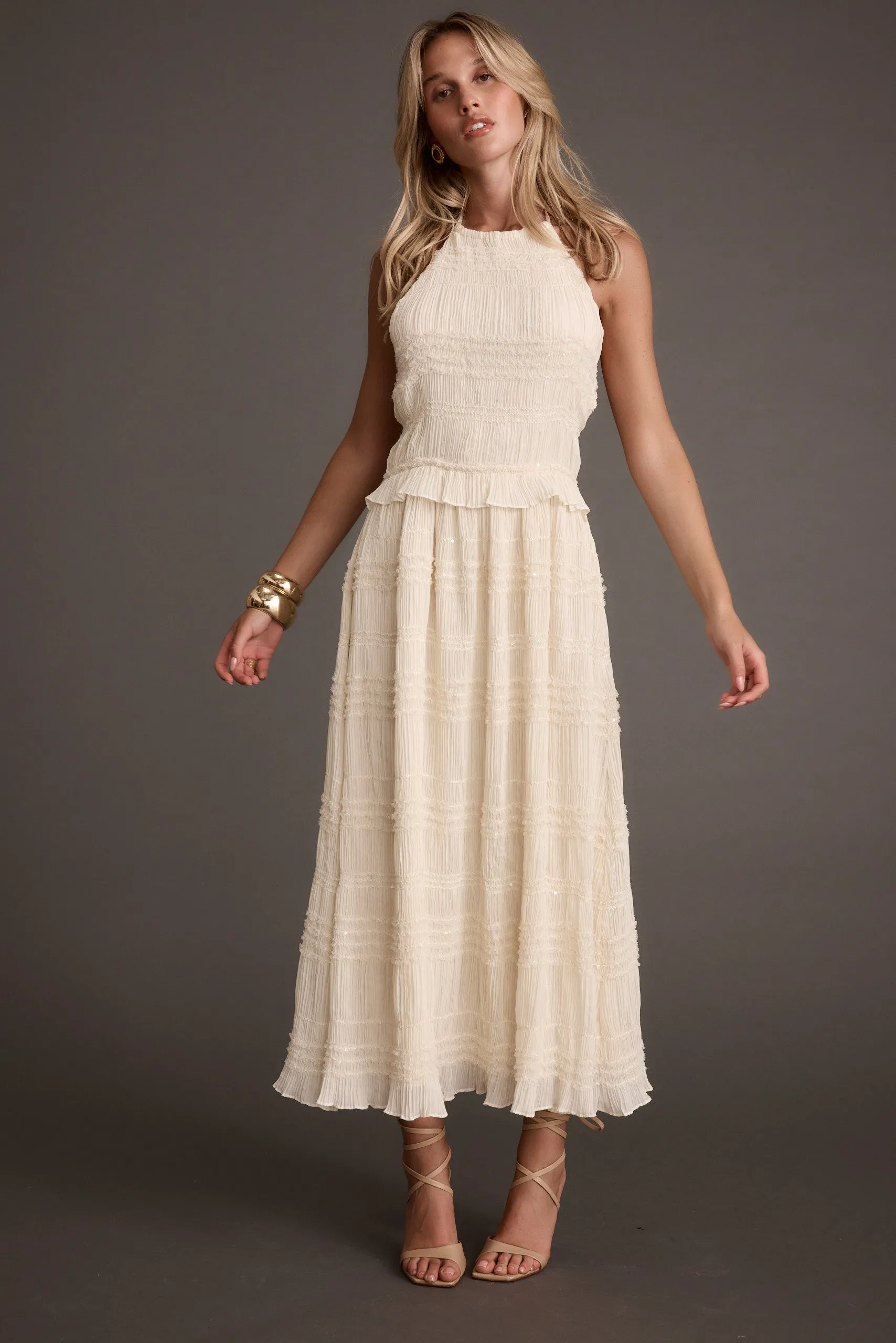 Quinn Ivory High Neck Shimmer Chiffon Maxi Dress Gradient Shade