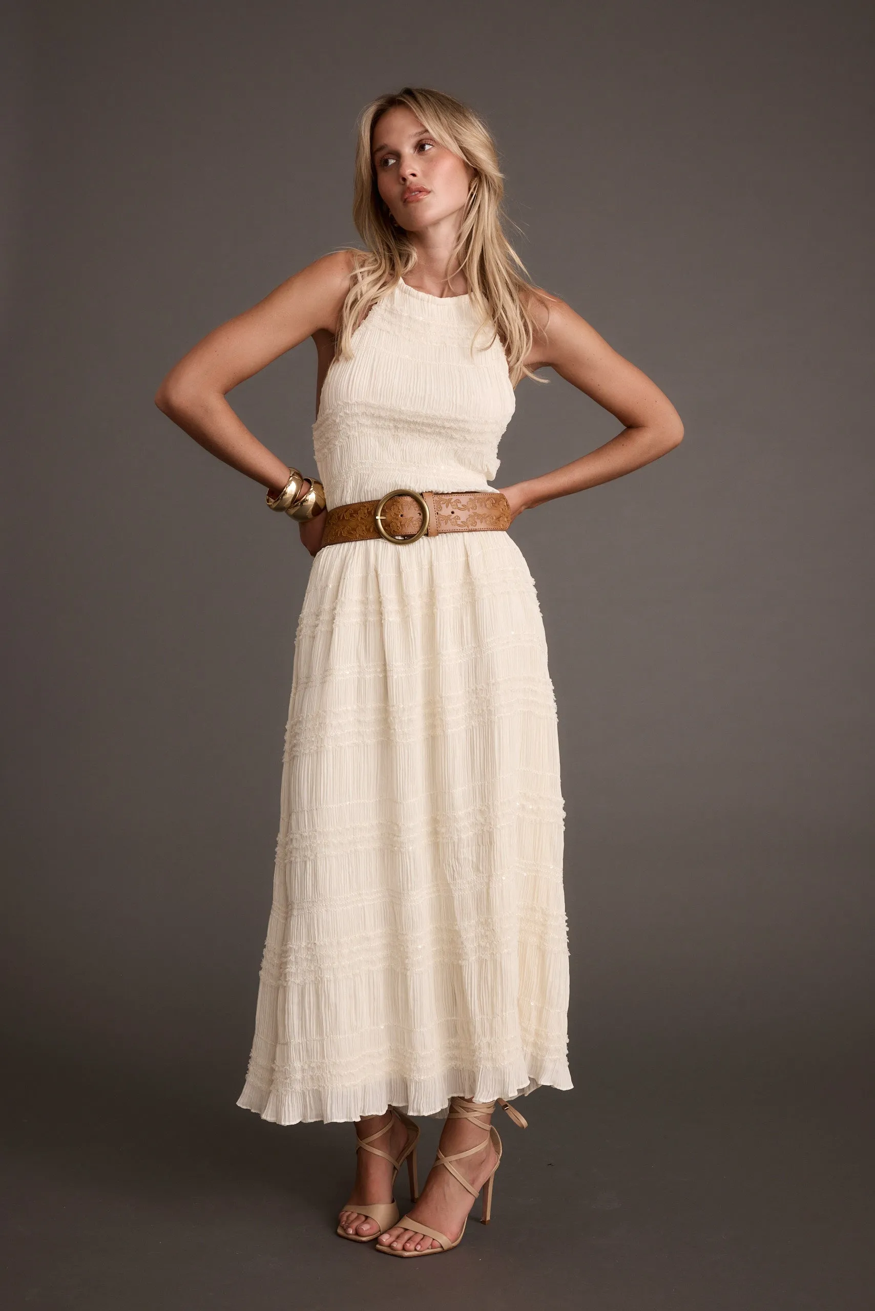 Quinn Ivory High Neck Shimmer Chiffon Maxi Dress Formal Setting Lounge Base