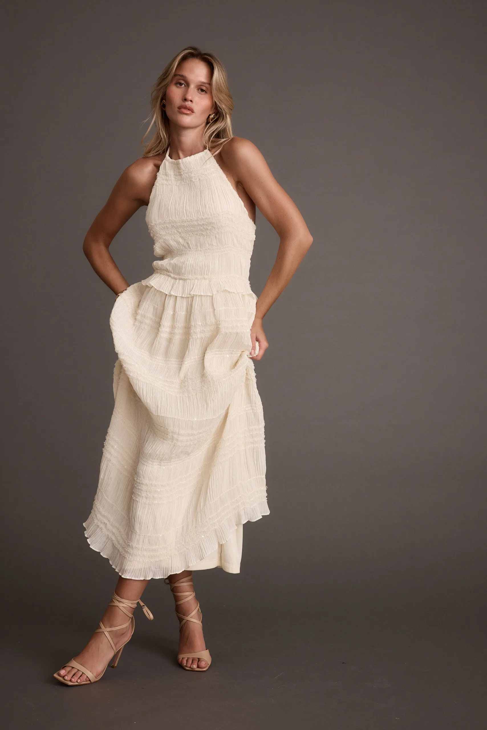 Summer Mood Quinn Ivory High Neck Shimmer Chiffon Maxi Dress