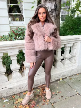 Taupe Premium Faux Fur Collared Jacket Convertible Cuff System Warm Layers