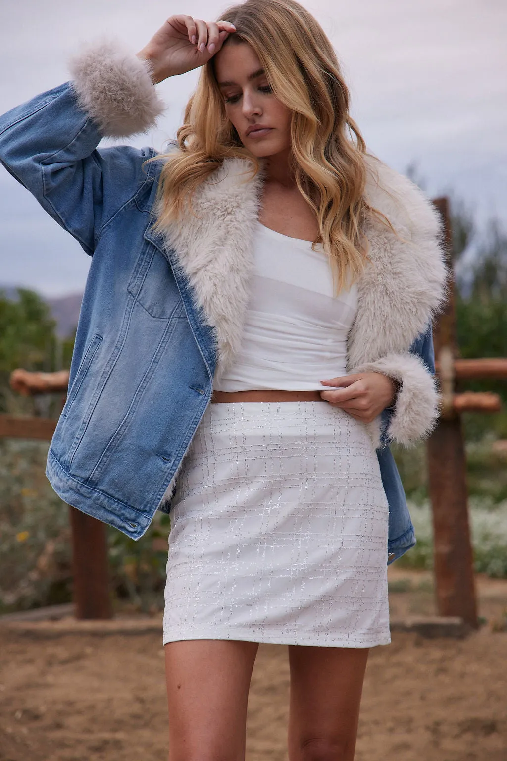 Synthetic Blend Brie White Sequin Mini Skirt