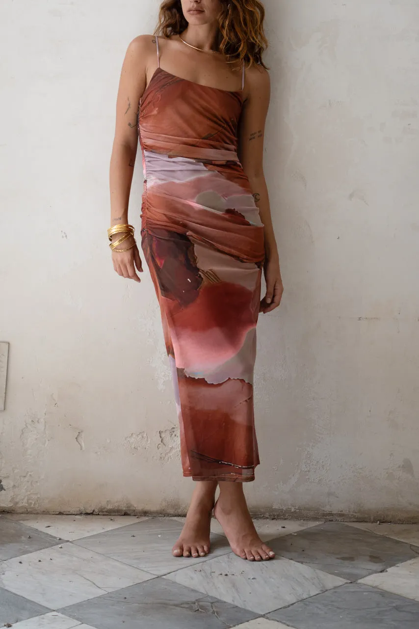 Smooth Texture Caterina Rust Abstract Mesh Midi Dress