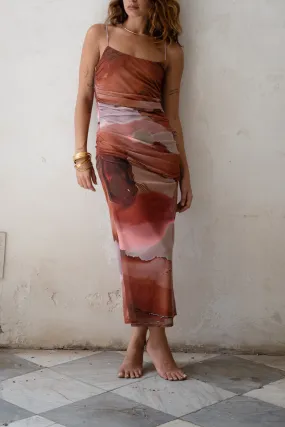 Caterina Rust Abstract Mesh Midi Dress NonIrritatingLining Gathered Skirt