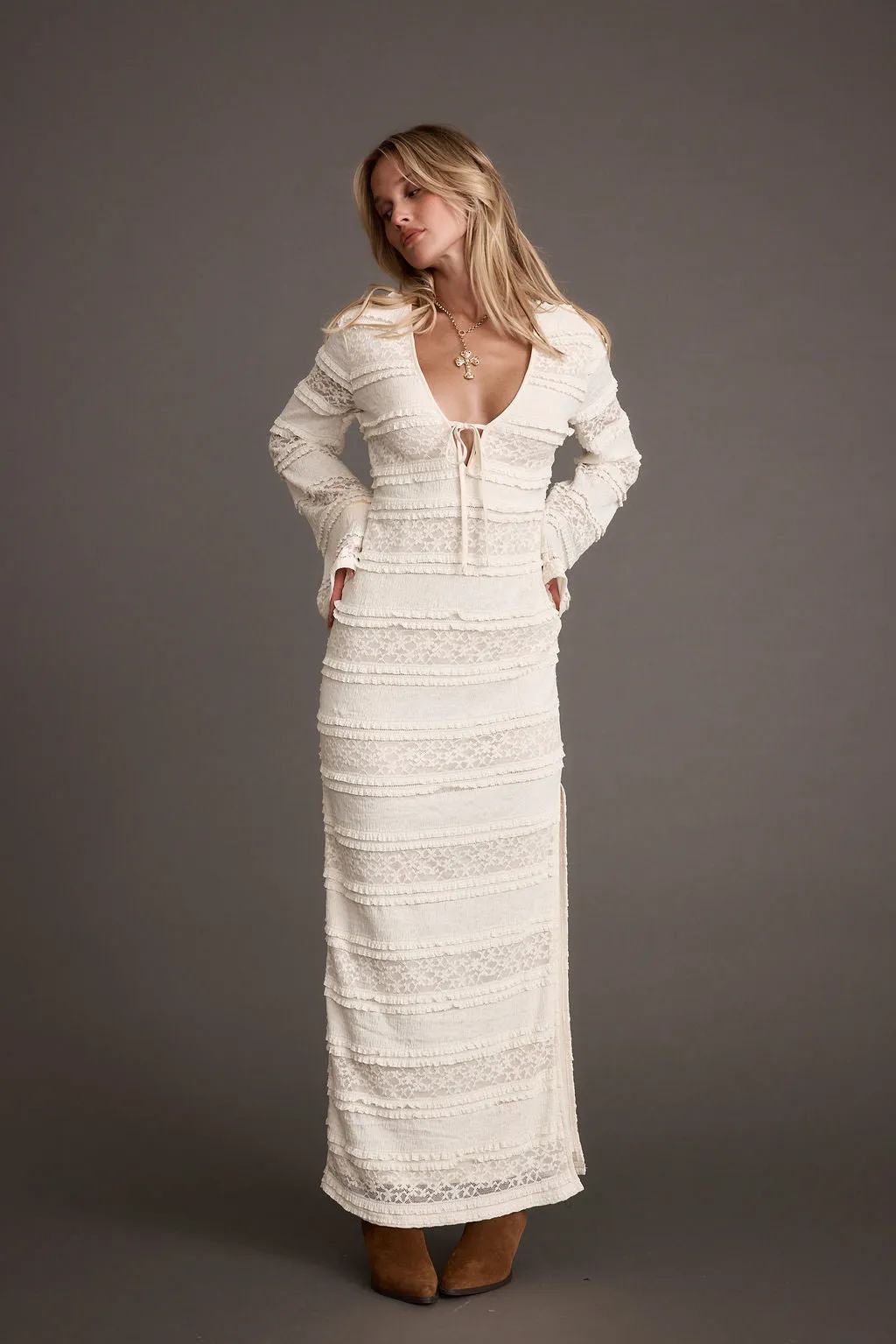 Melrose Ivory Long Sleeve Lace Maxi Dress Bright-colored piece Casual Comfort