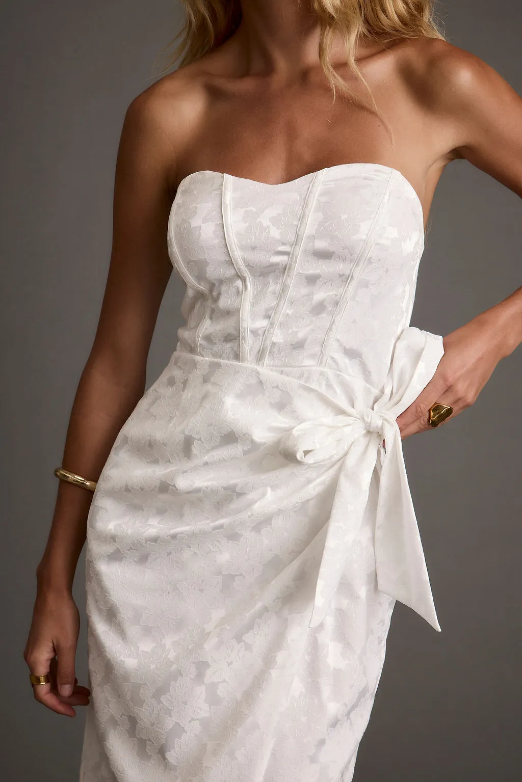 Feminine Look Brighton White Strapless Satin Wrap Dress