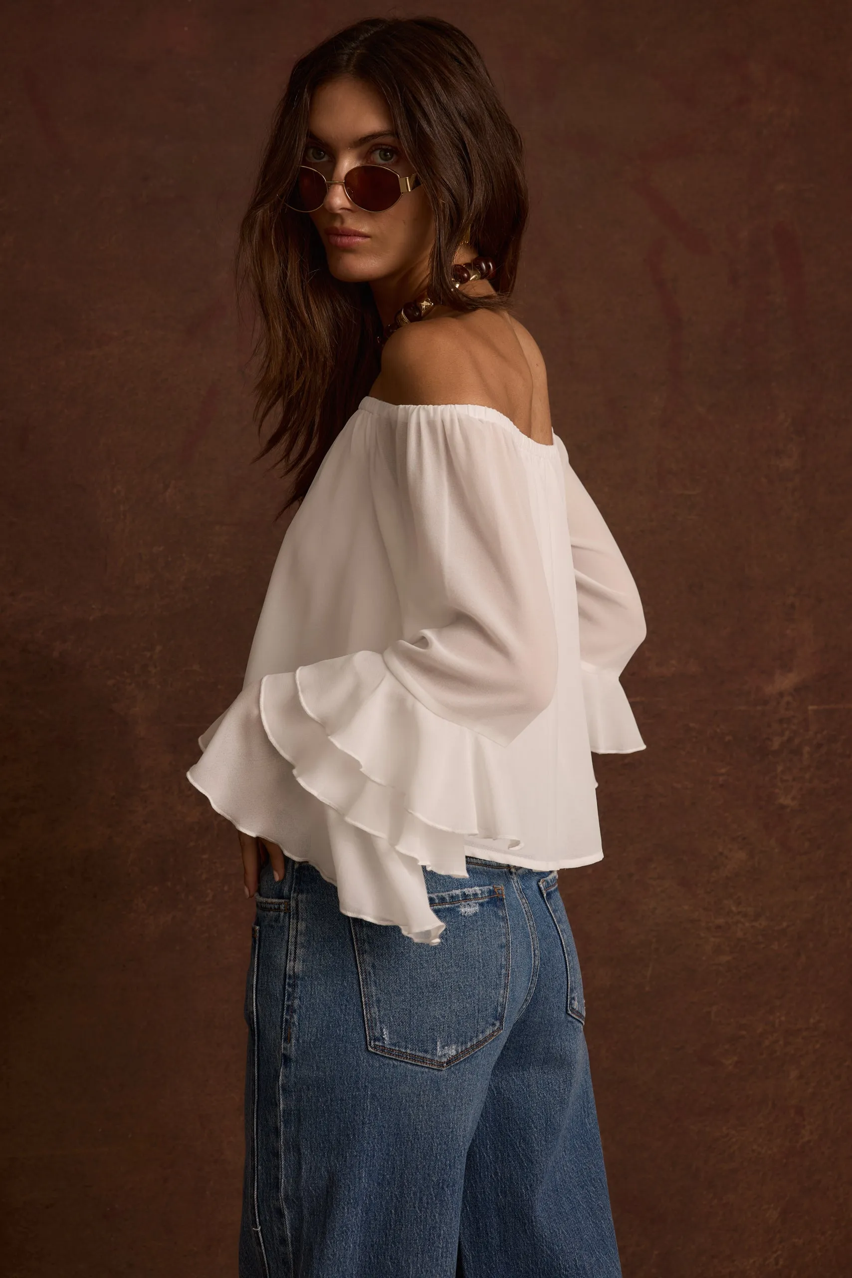 Blister Free Buttons Brinley Off Shoulder Blouse
