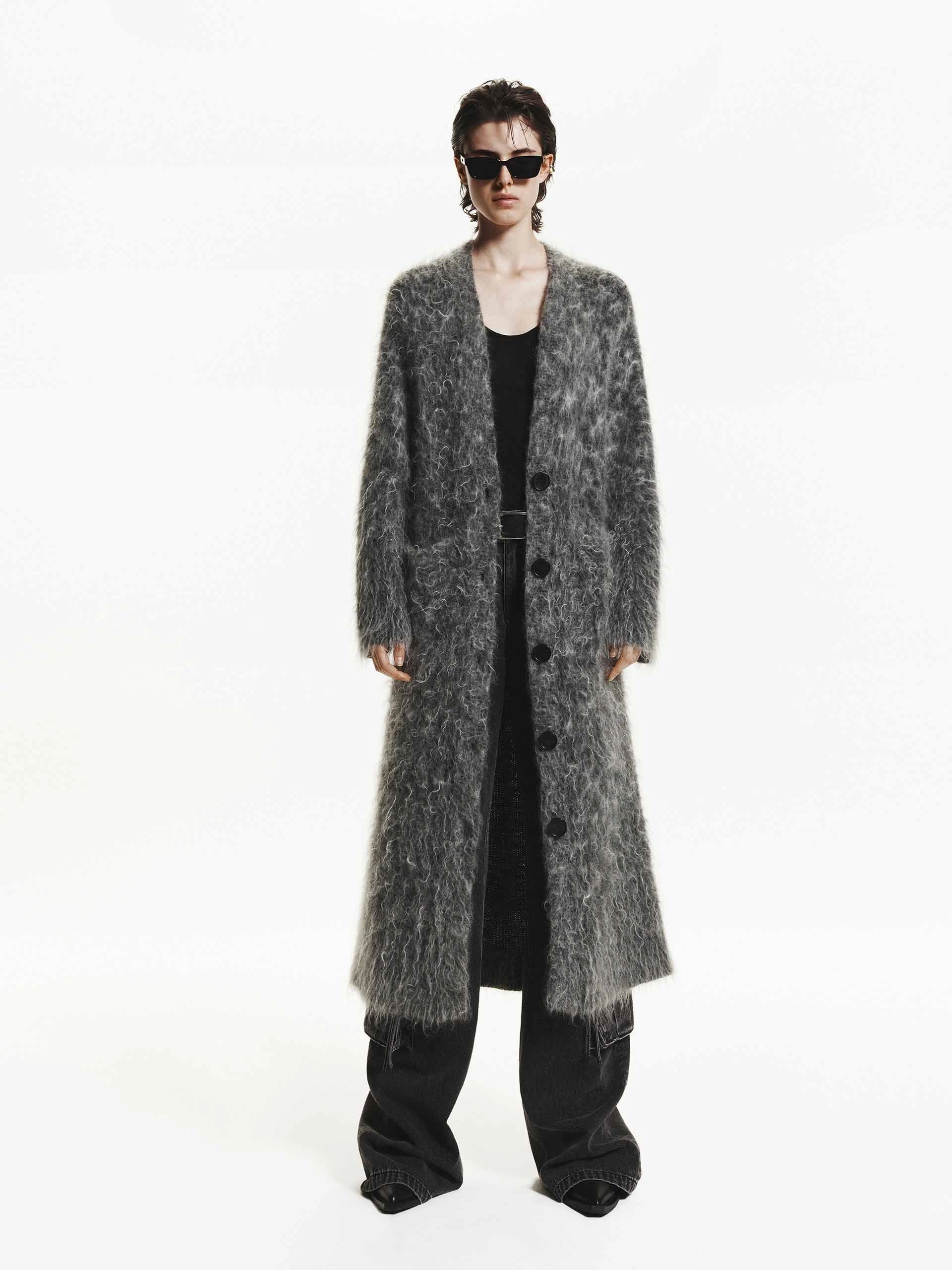 Brushed Long Cardigan Cozy Layer Openwork Lattice Pattern
