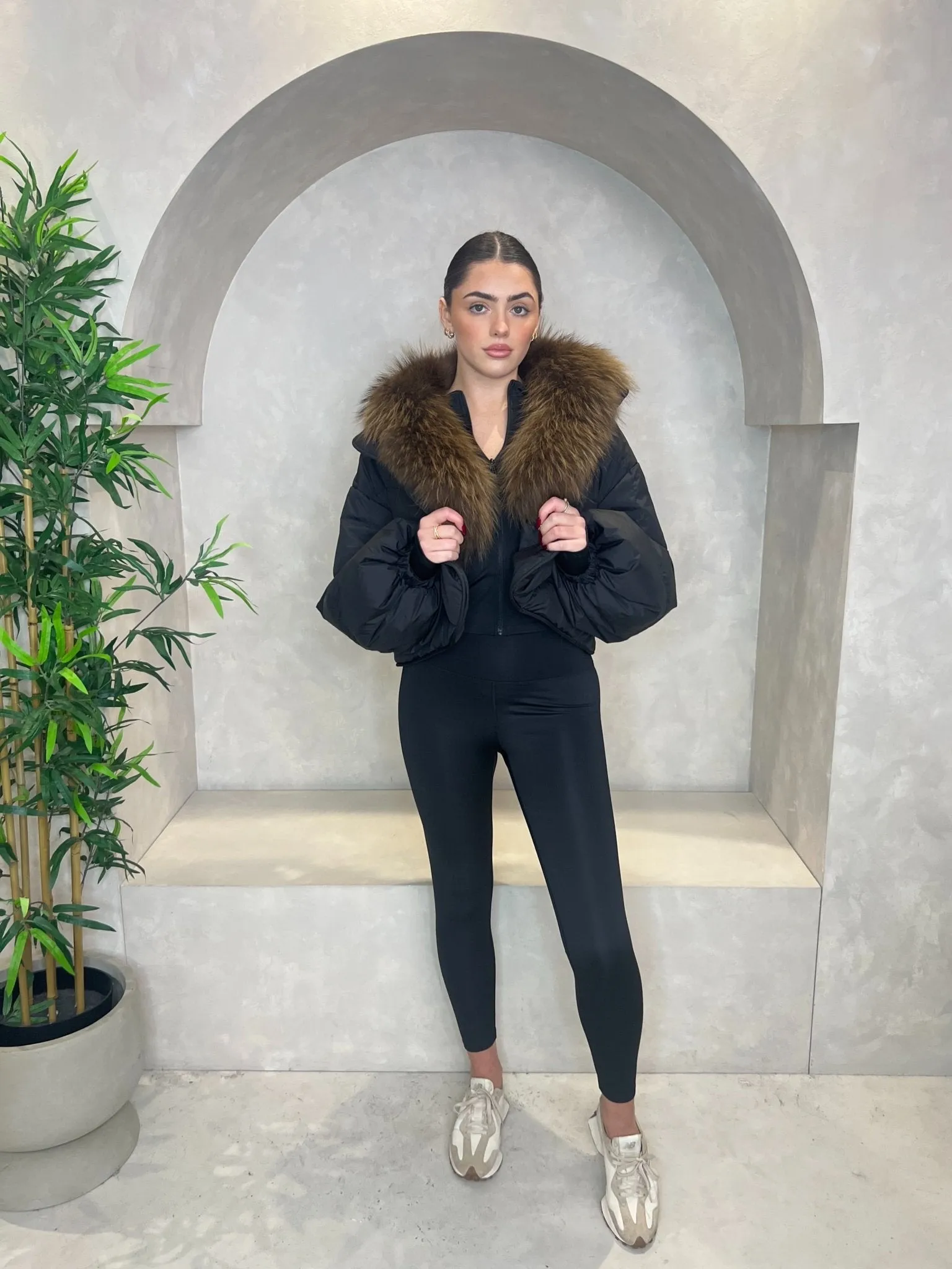 Black Luxury Fur Trim Crop Jacket FlexFoldPackaging Seamless Street Fit