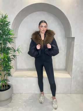 Compact Packability Warmth Retention Technology Black Luxury Fur Trim Crop Jacket