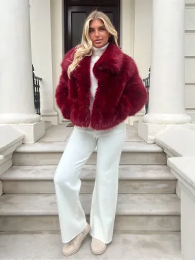 Slim Fit Styles Burgundy Premium Faux Fur Collared Jacket