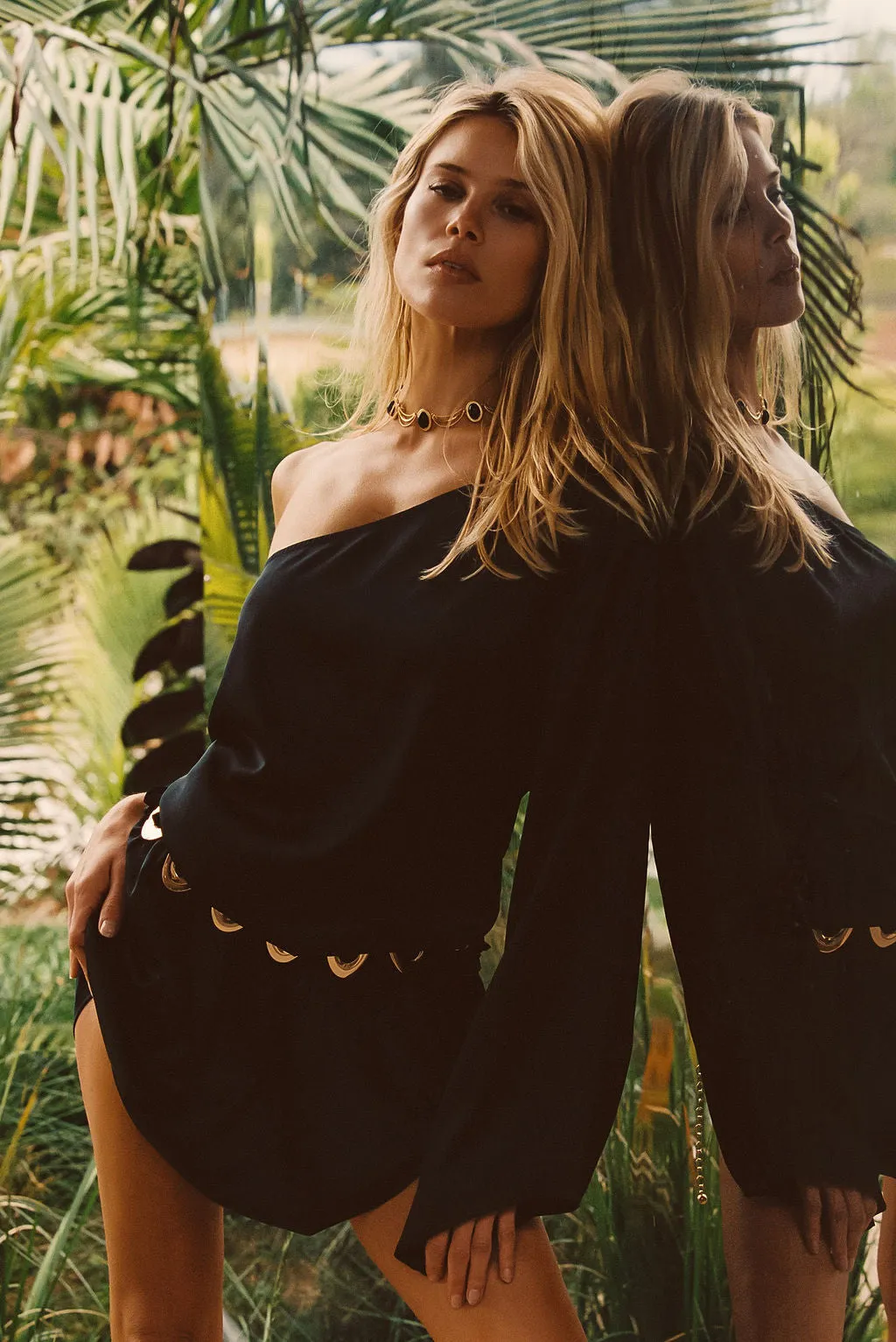 Wool-Blend Resort Vibes Calor Black Off Shoulder Mini Dress