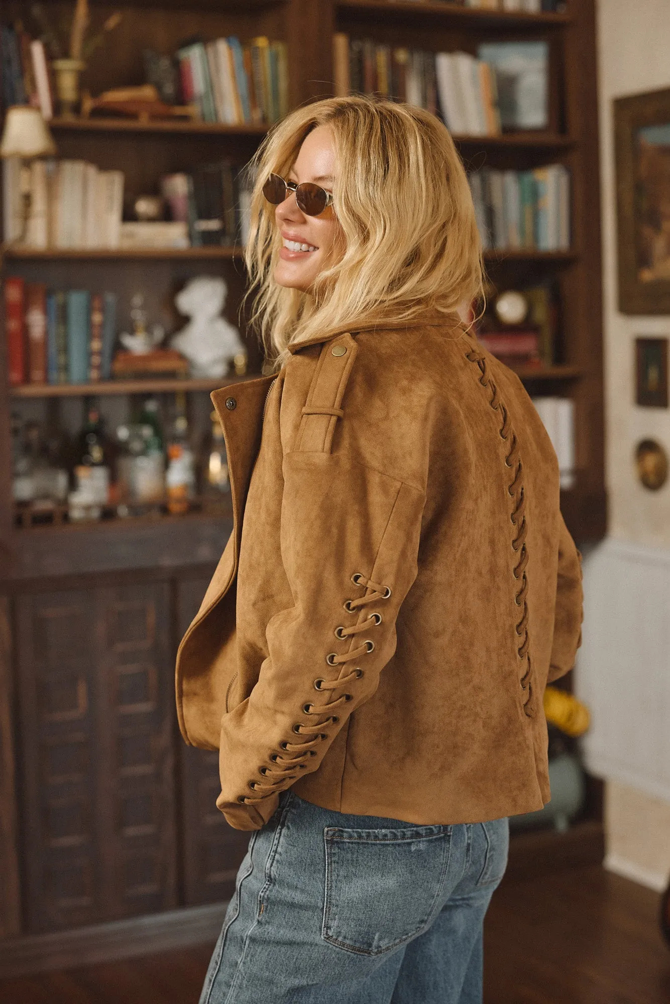 Camden Cognac Vegan Suede Jacket Wind Resistant