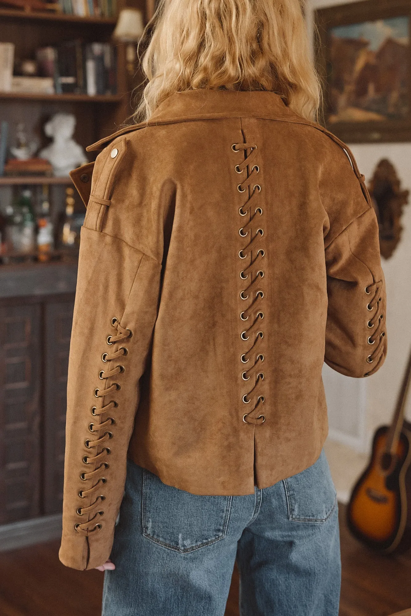 Fashionable Trend Printed Camden Cognac Vegan Suede Jacket