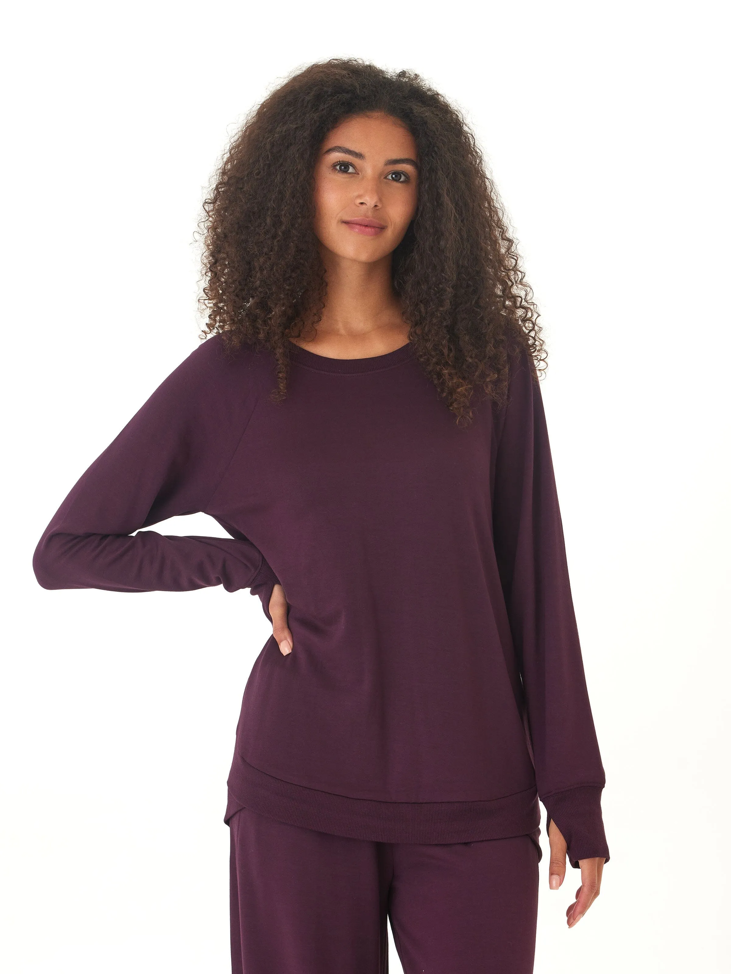Stretch Comfort Noise Reduced Fastener System Cannon Feather Fleece Tulip Hem Tunic Sweatshirt