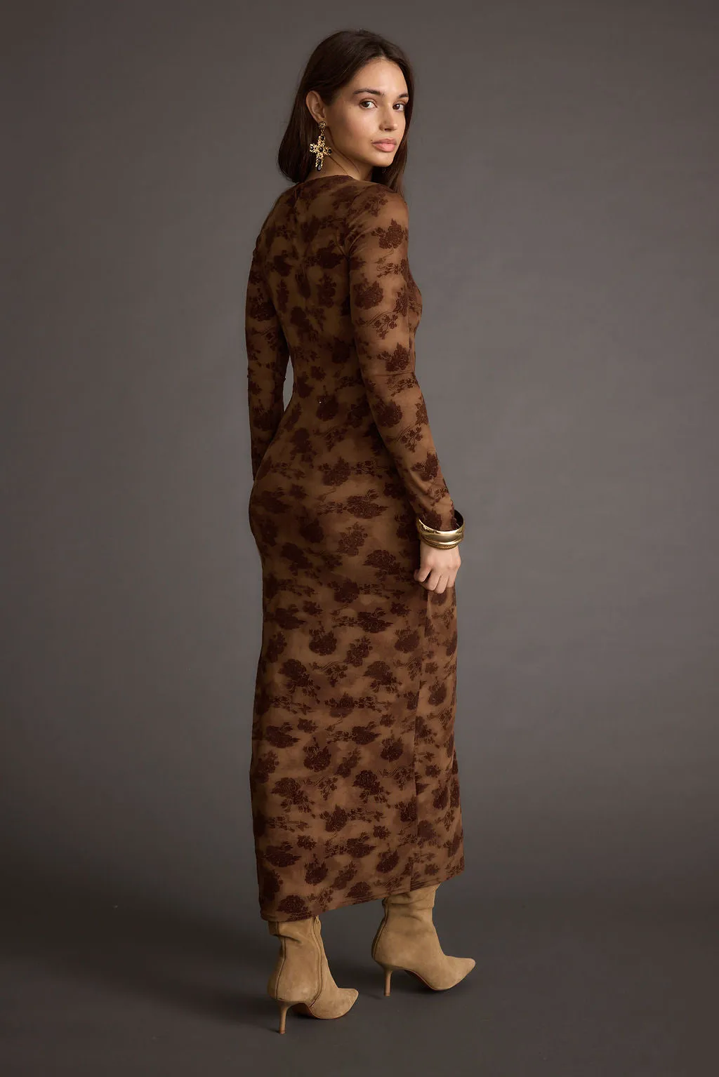 Casanova Brown Floral Maxi Dress Natural Texture Walkable Flow