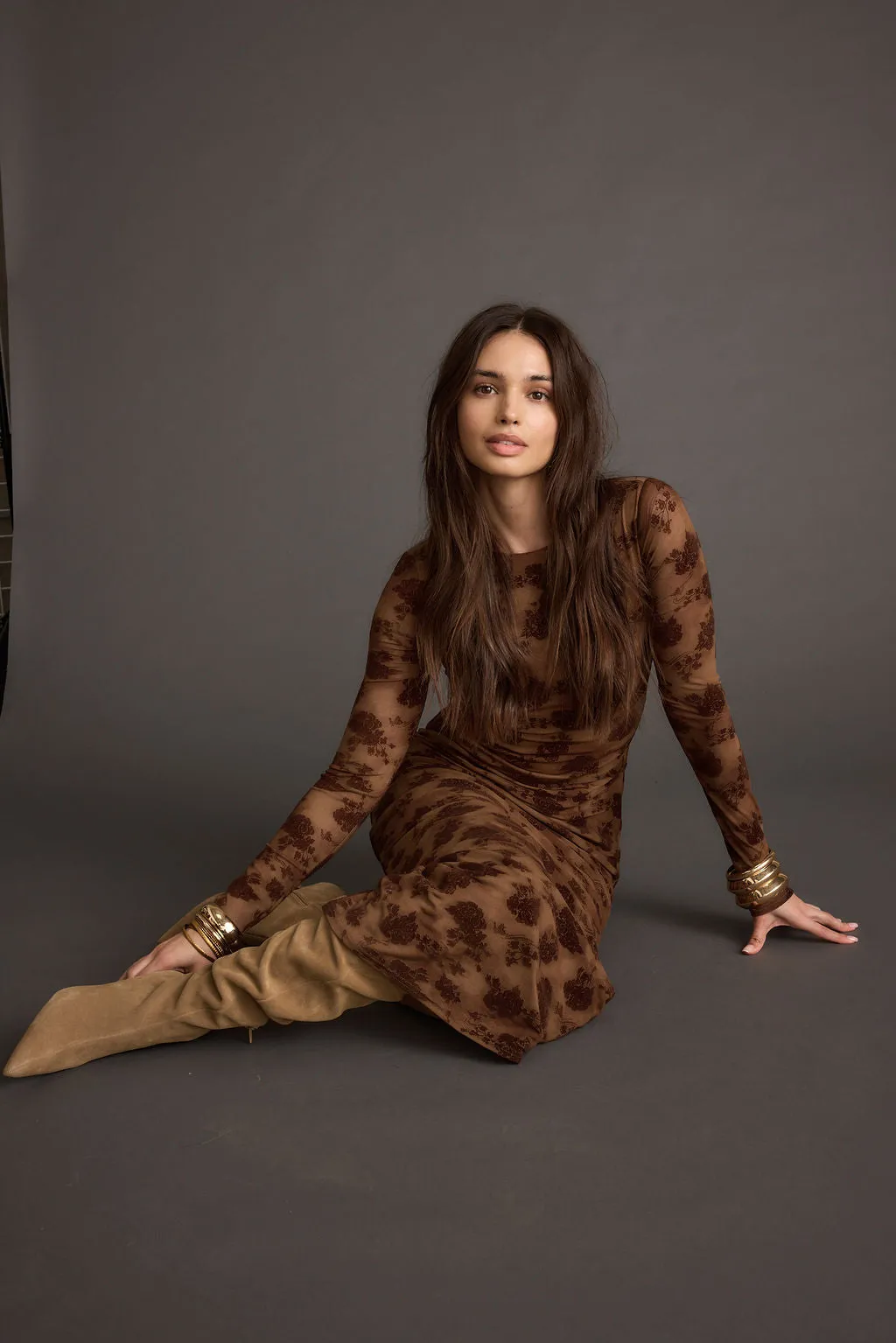 Casanova Brown Floral Maxi Dress Casual Lines Glossy Fabric