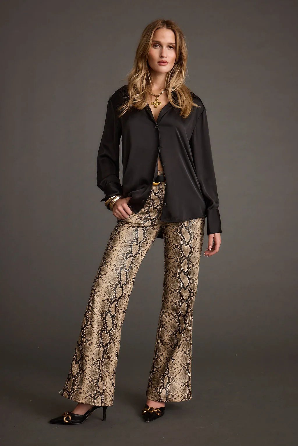 Cash Black Satin Button Down Top Mix - and - Match