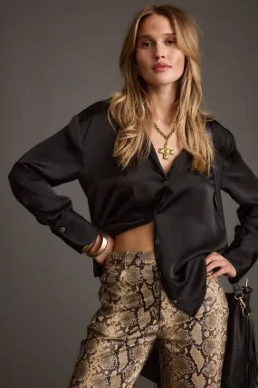 Breathable fabric Cash Black Satin Button Down Top