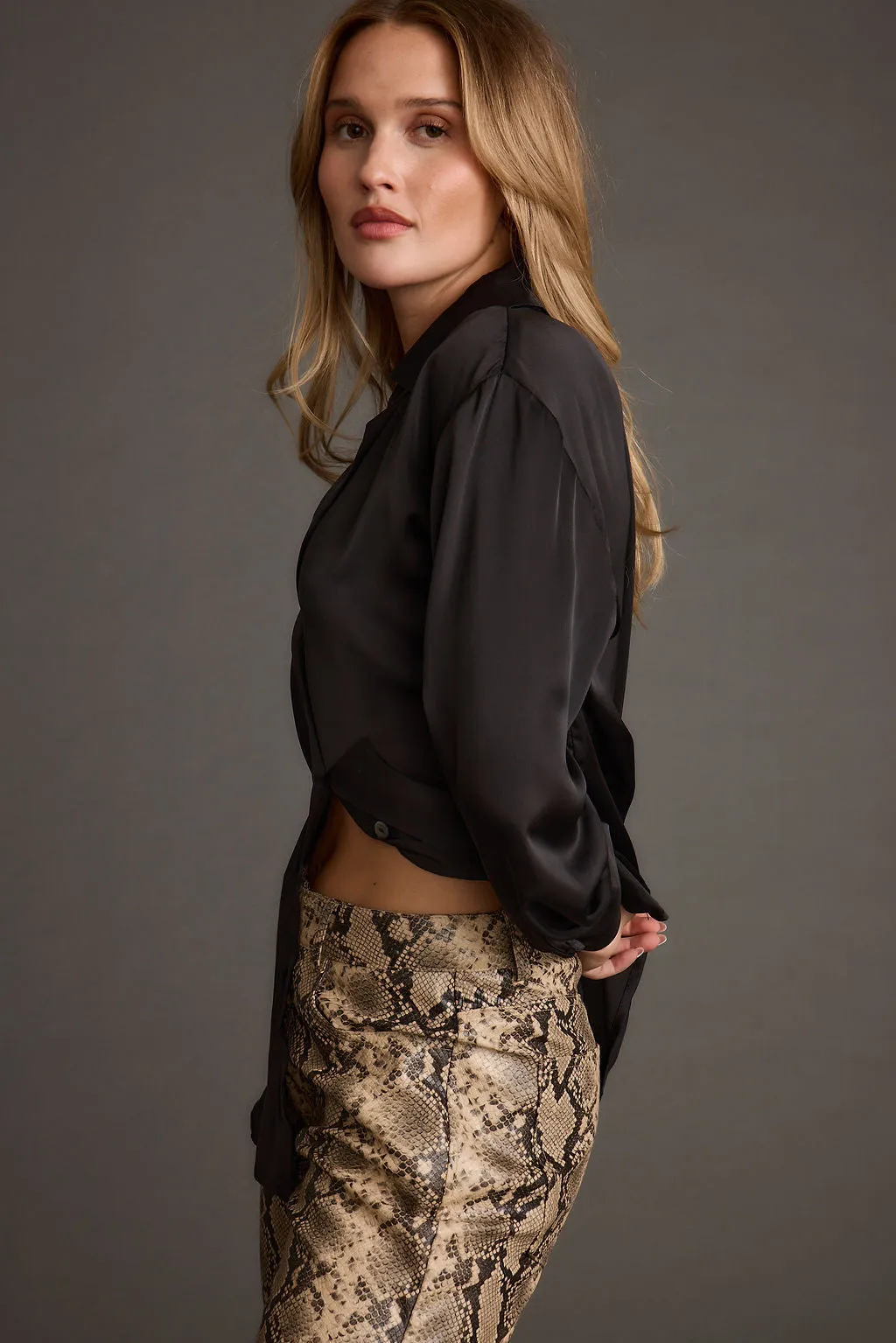 Cash Black Satin Button Down Top Short