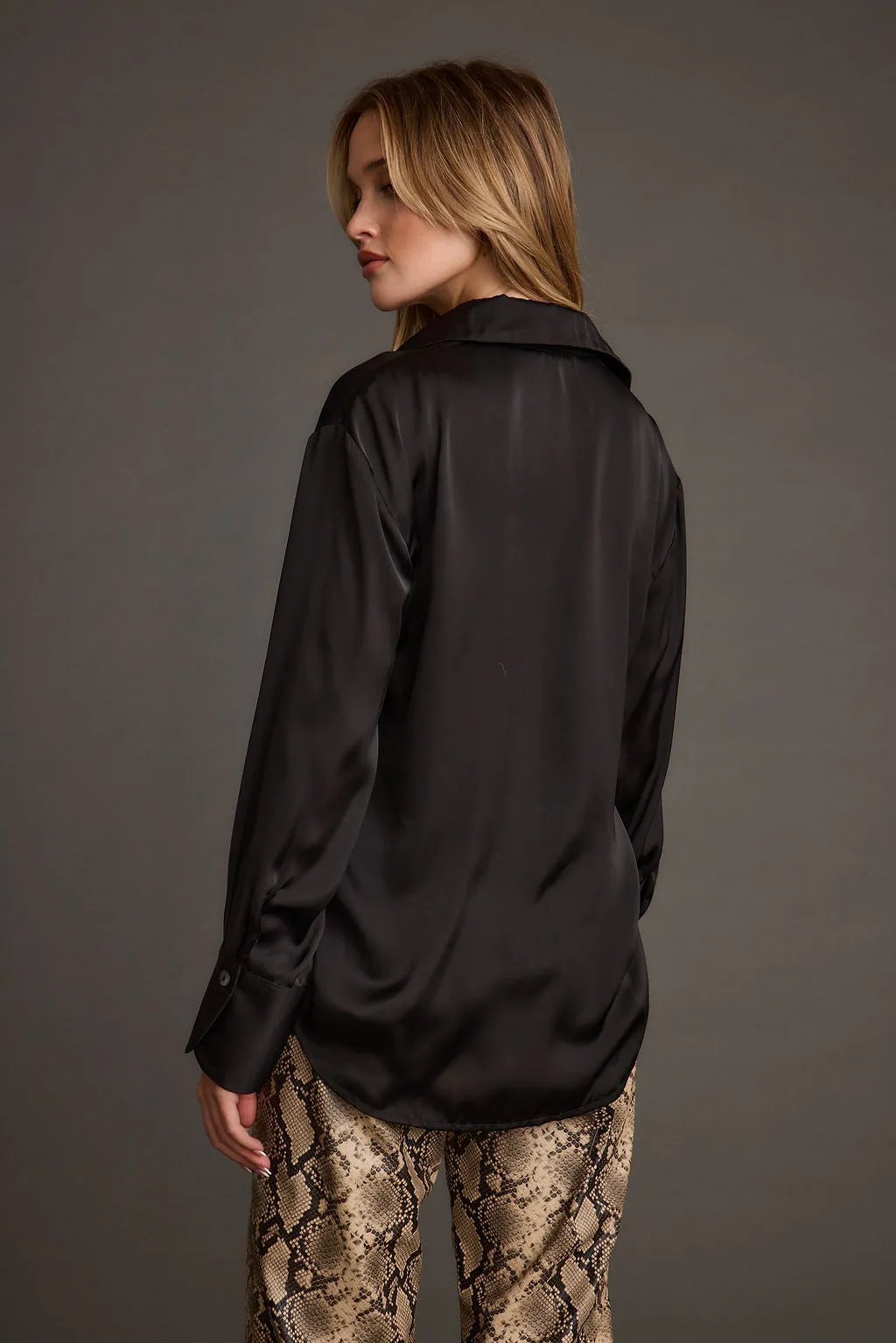 Valentine's Day Cash Black Satin Button Down Top