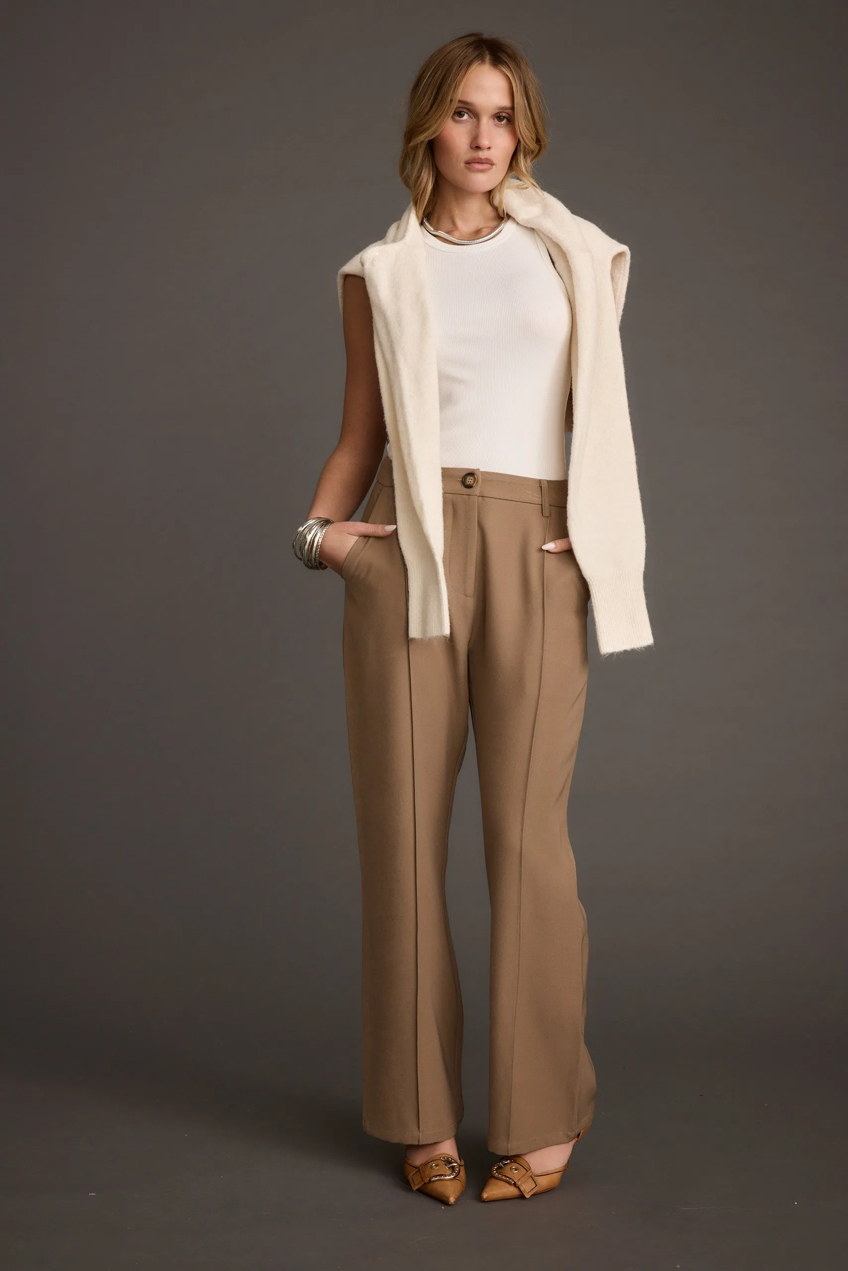 Vintage Wash Recycled Polyester Blend Virginia Taupe Seamed Slim Leg Trousers