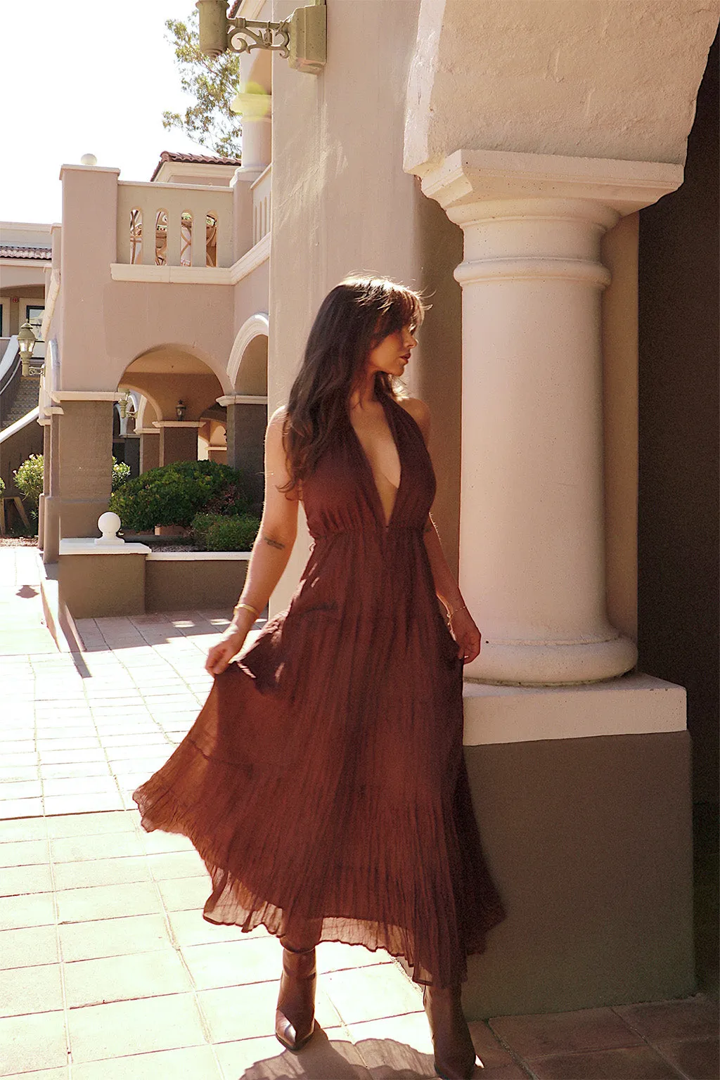 Esperanza Espresso Halter Linen Maxi Dress Sleek Fit Olive Fresh