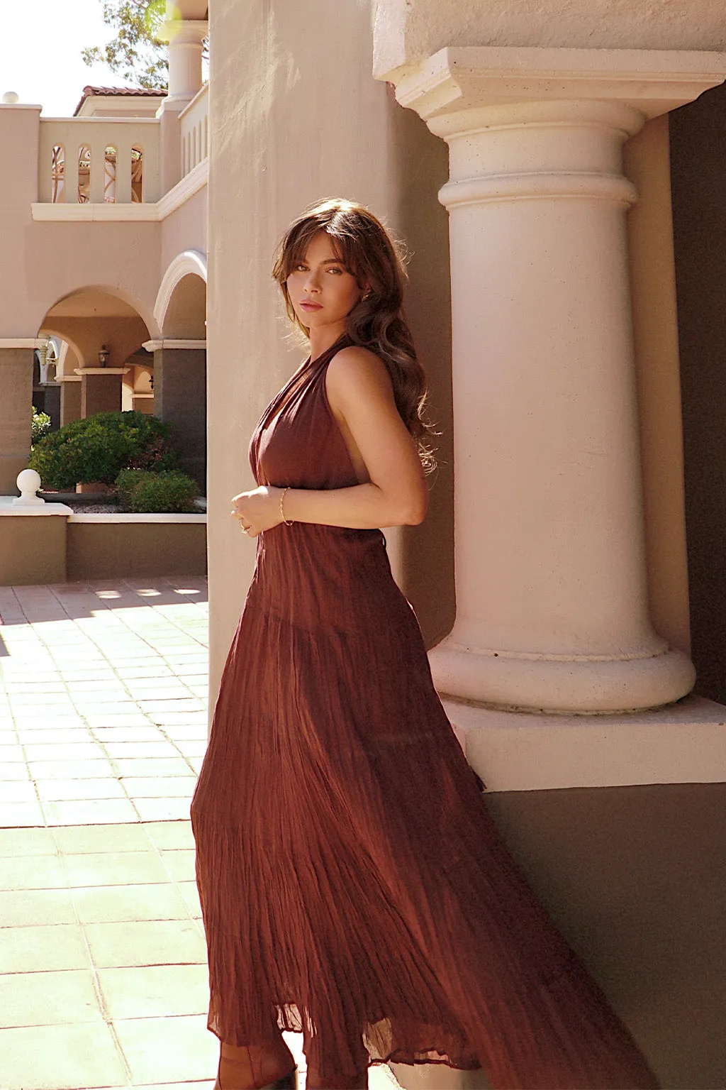 Esperanza Espresso Halter Linen Maxi Dress Smooth Shape Festival Mood