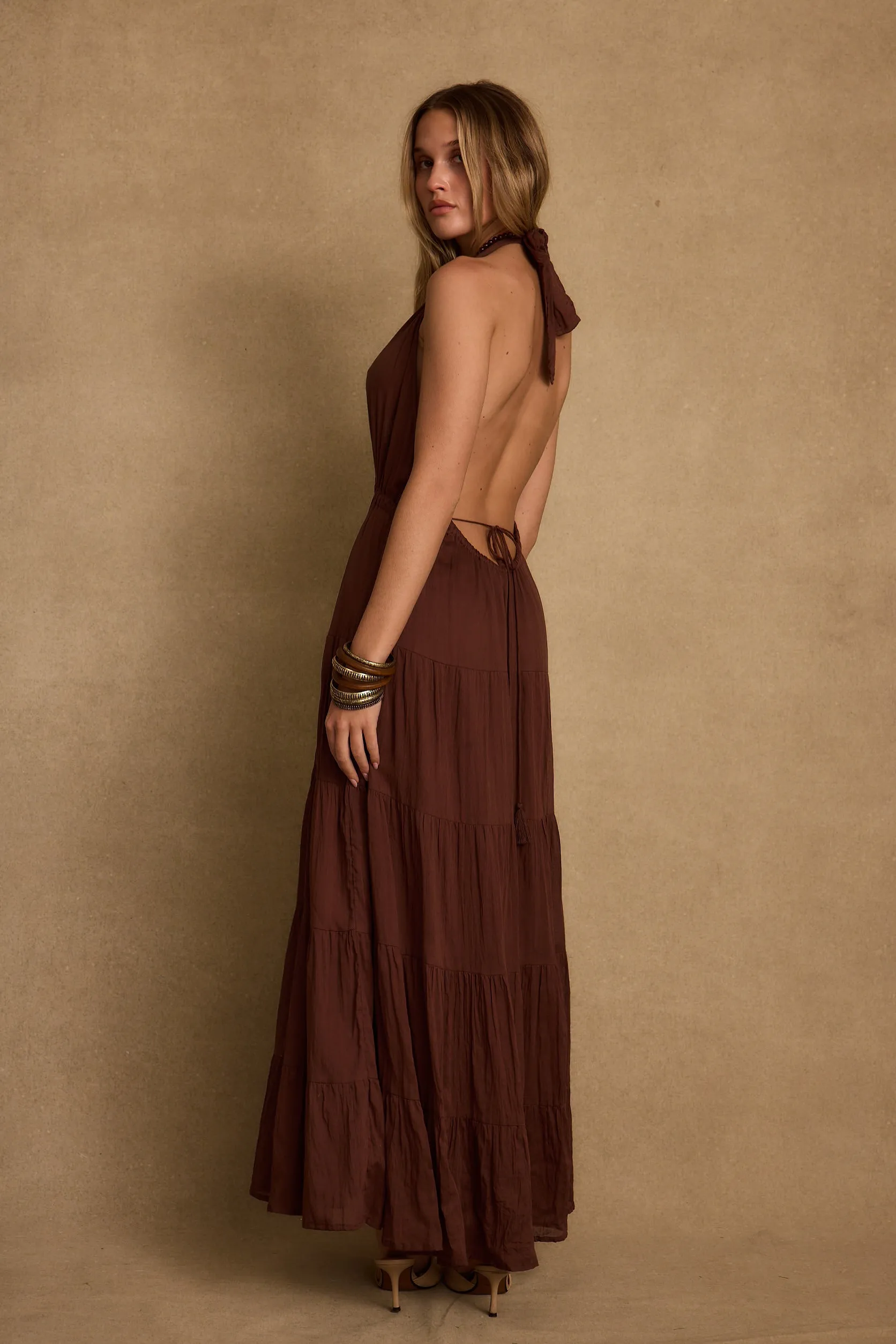 Balanced Light Esperanza Espresso Halter Linen Maxi Dress