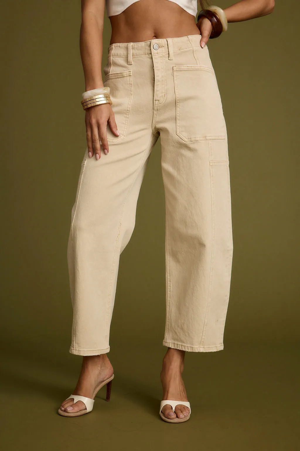 Chandler Beige Barrel Jeans Distressed finish