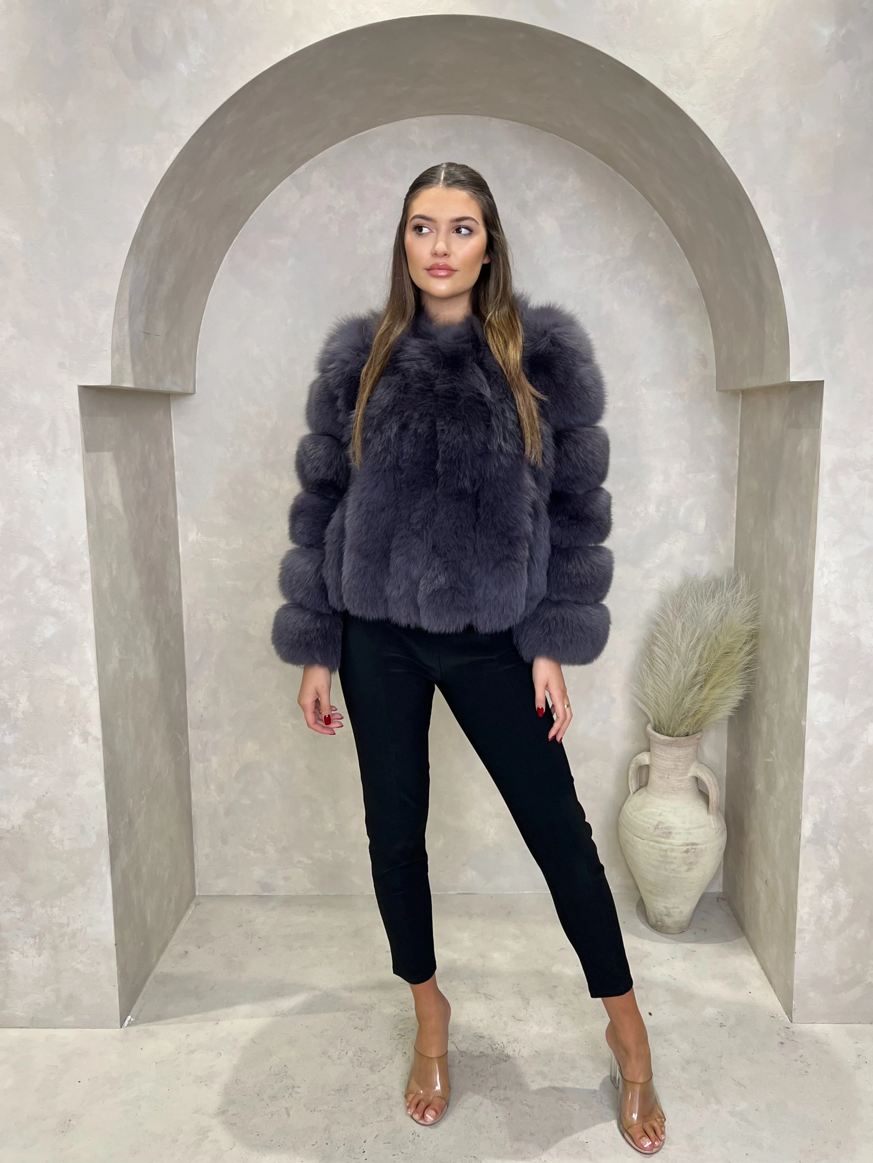 Charcoal Luxury Fur Vertical Pelt Coat Weatherproof Seams Neutral Tones Look