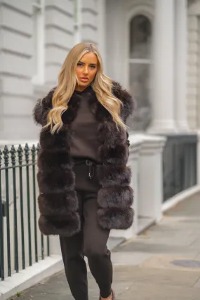 Charcoal Premium Faux Fur Longline Gilet Abrasion Resistant Surface Removable Hood
