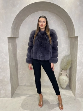 Charcoal Luxury Fur Vertical Pelt Coat Weatherproof Seams Neutral Tones Look