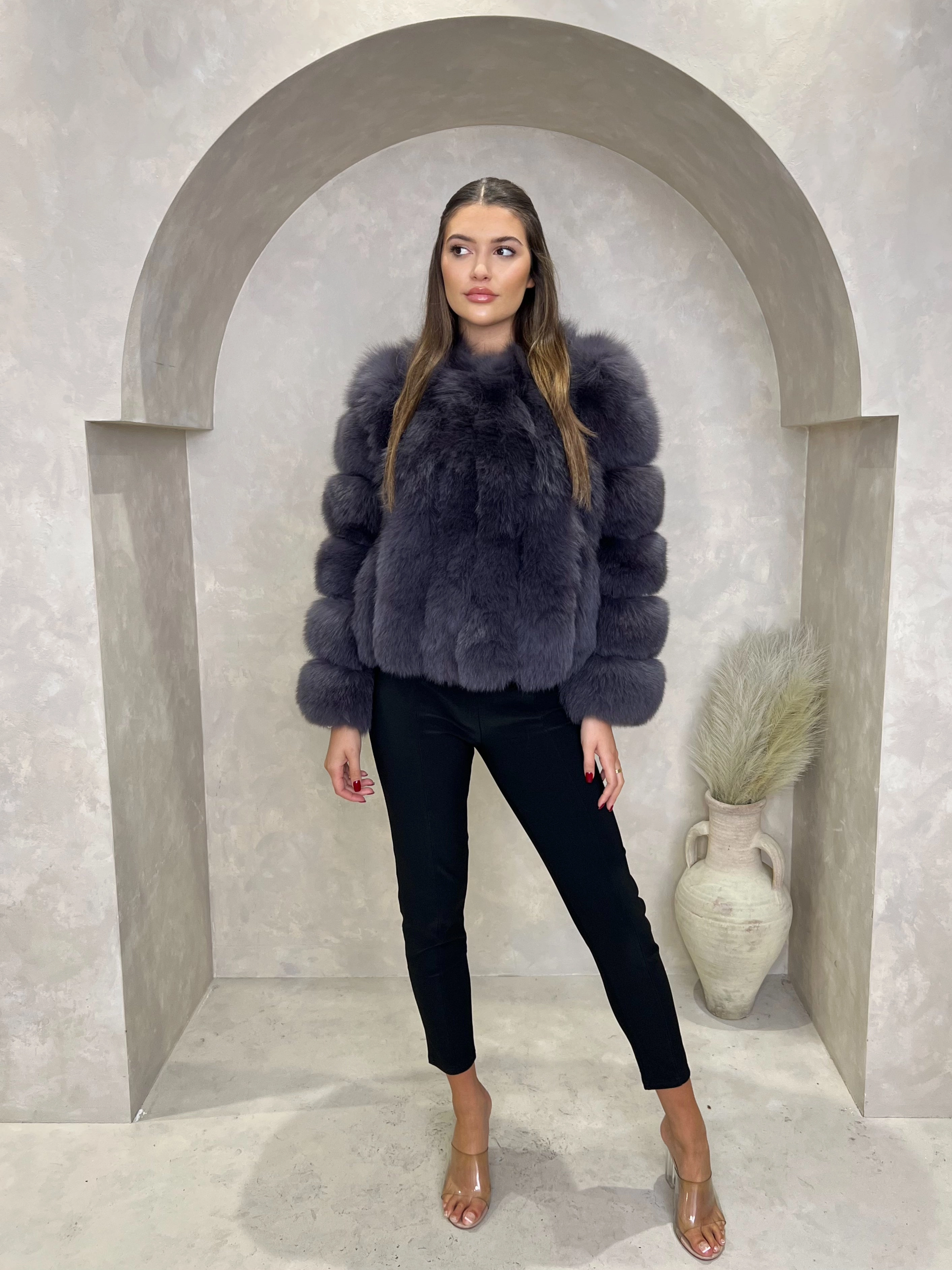 Elasticized Waist Charcoal Luxury Fur Vertical Pelt Coat