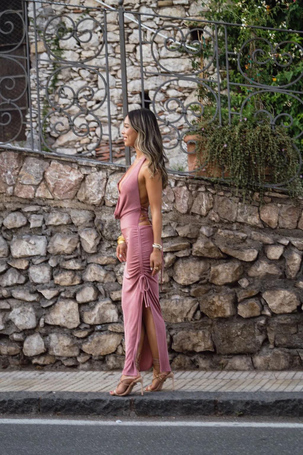 Lilia Blush Cowl Neck Slinky Midi Dress Pink Glow Party Perfect