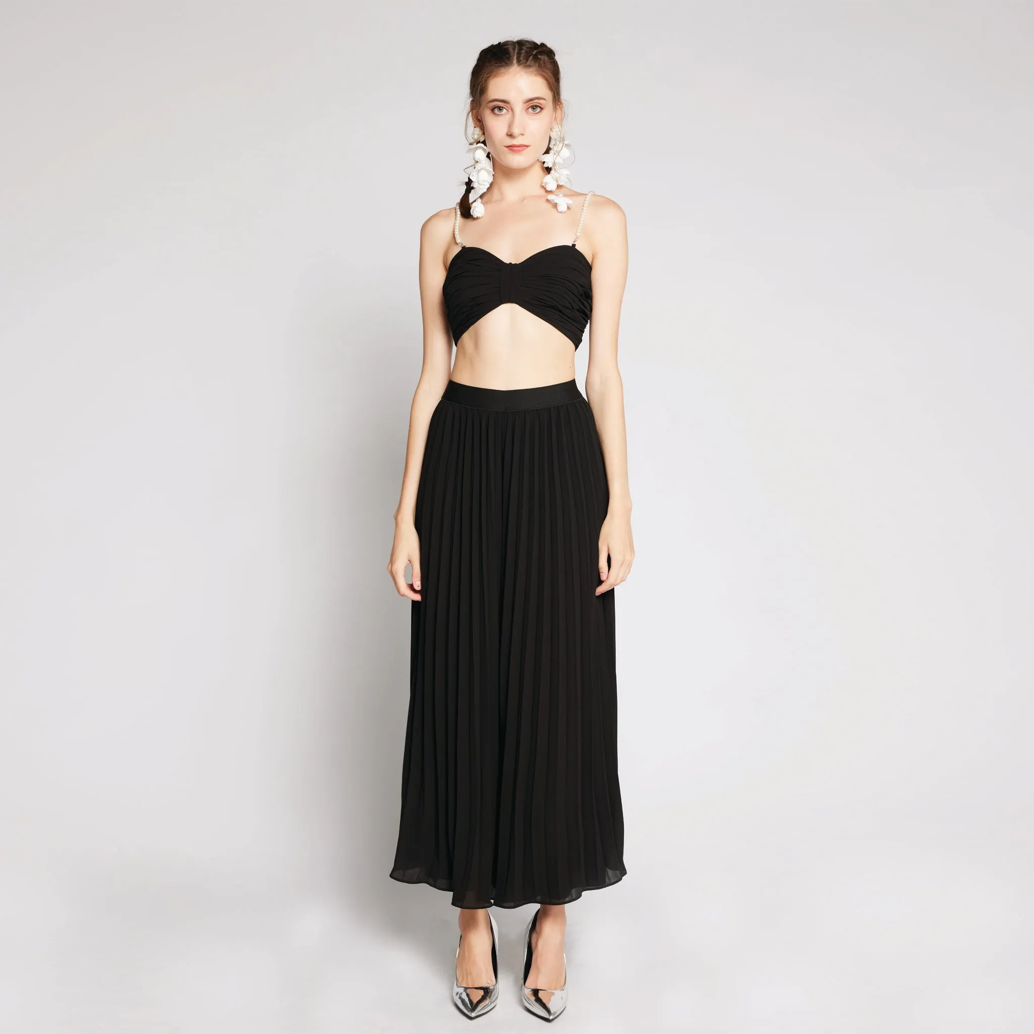 Premium Denim Formal City Walk Party Look Chiffon Pleated Pants