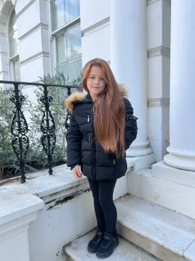 Childrens Black Luxury Fur Padded Belted Coat Eco Friendly Transitional Daily Fit